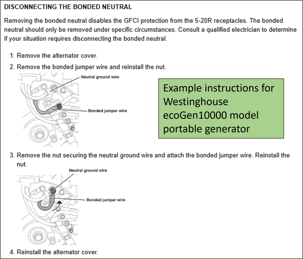 Instructions on disconnecting the neutral bonding jumper on a Westinghouse generator